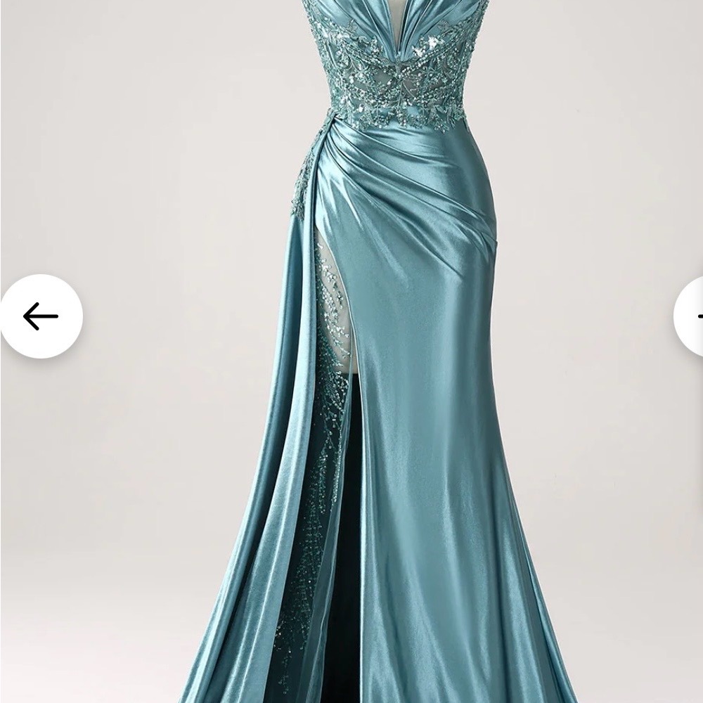 Teal Mermaid V-neck Long Appliqués Sequin Prom Dress with Slit.